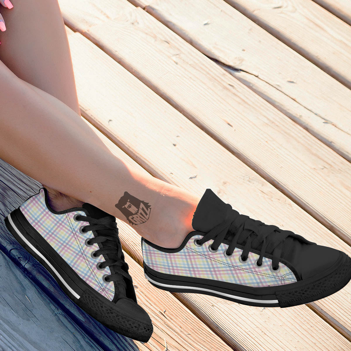 Pastel Plaid Cotton Candy Print Pattern Black Low Top Shoes-grizzshop