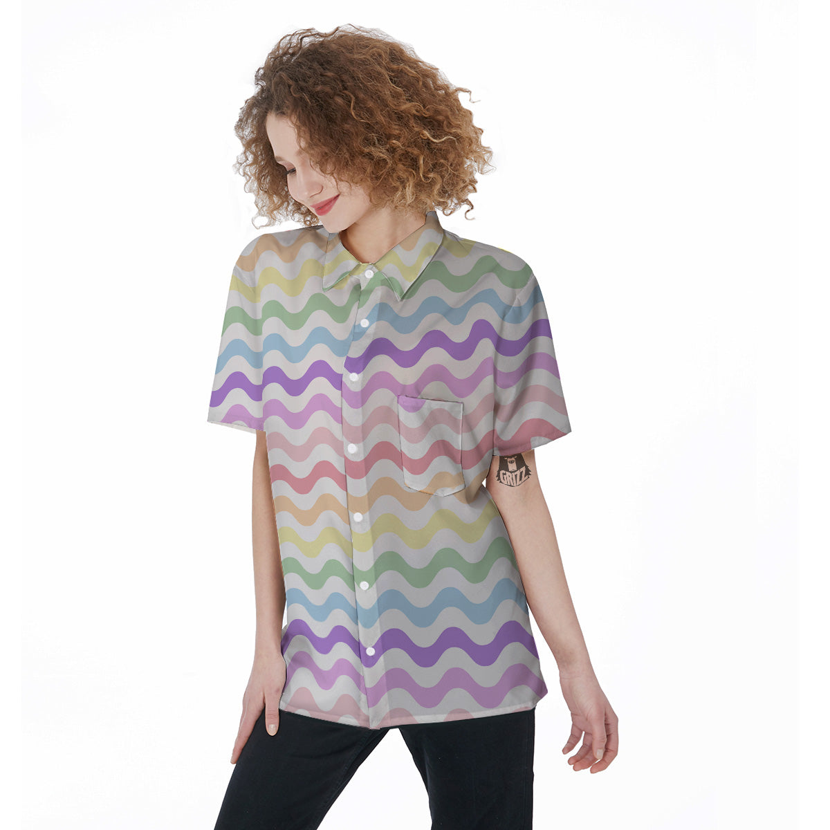 Pastel Wave Striped Print Women's Short Sleeve Shirts-grizzshop