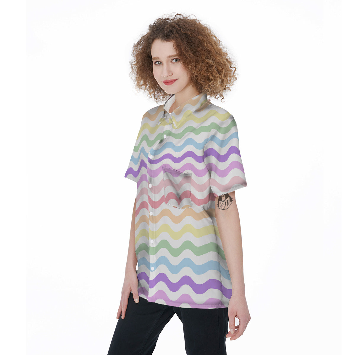 Pastel Wave Striped Print Women's Short Sleeve Shirts-grizzshop