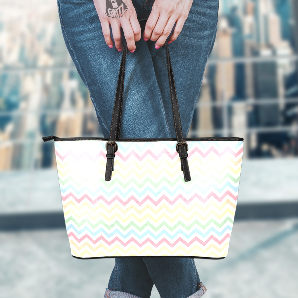 Pastel Zigzag Print Pattern Leather Tote Bag-grizzshop