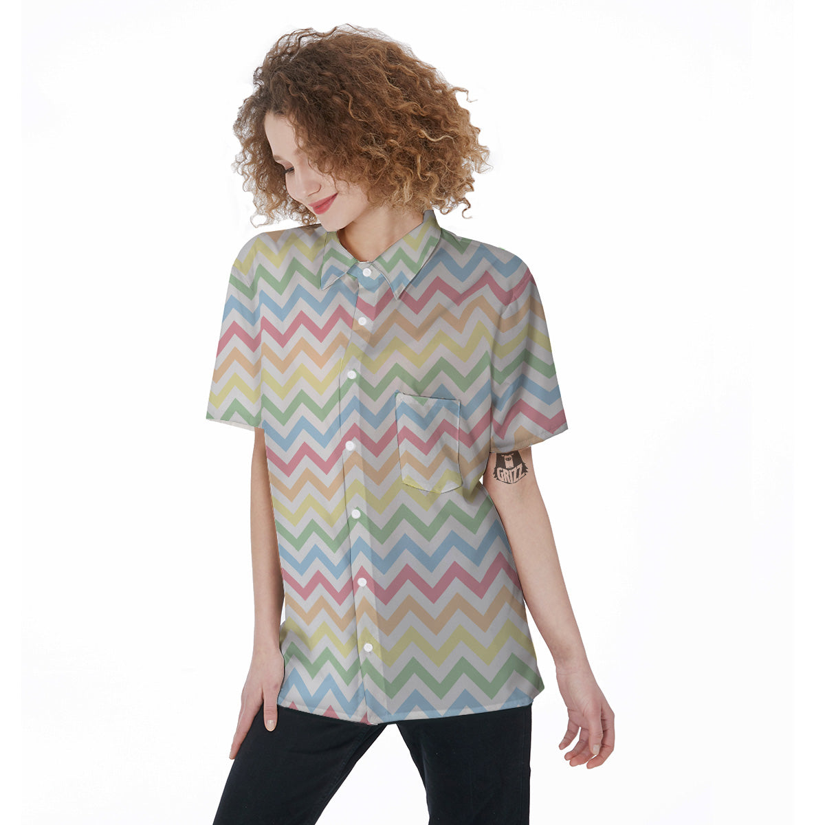 Pastel Zigzag Print Pattern Women's Short Sleeve Shirts-grizzshop