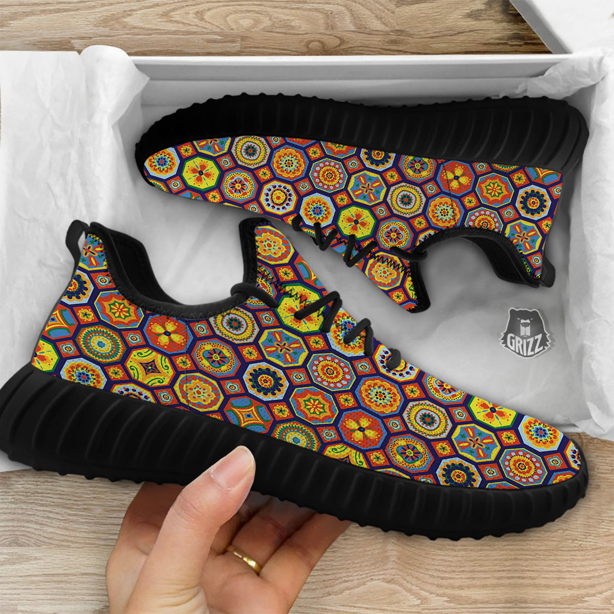 Patchwork Abstract Floral Colorful Print Pattern Black Walking Shoes-grizzshop