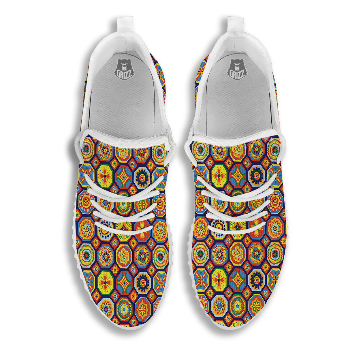 Patchwork Abstract Floral Colorful Print Pattern White Walking Shoes-grizzshop