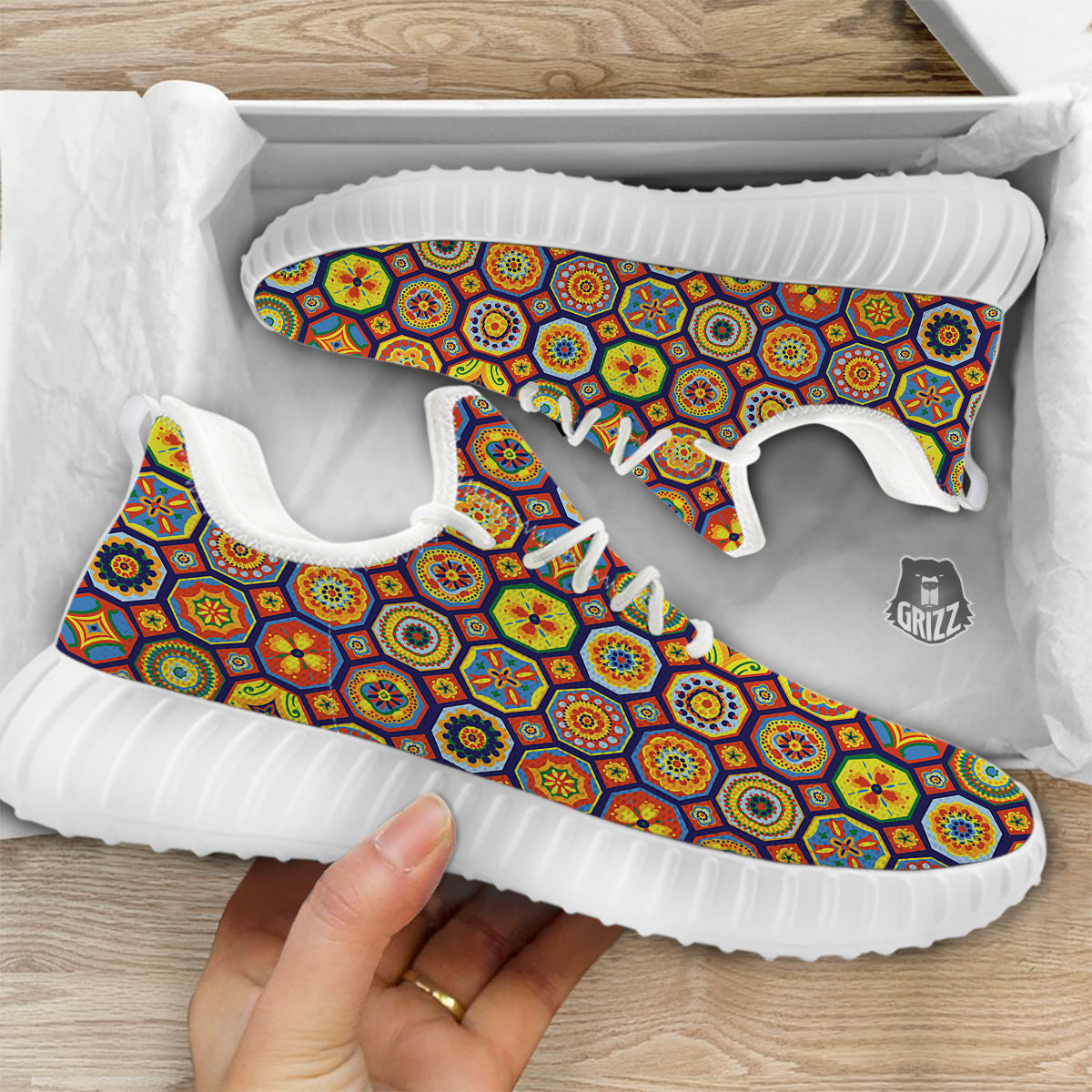 Patchwork Abstract Floral Colorful Print Pattern White Walking Shoes-grizzshop