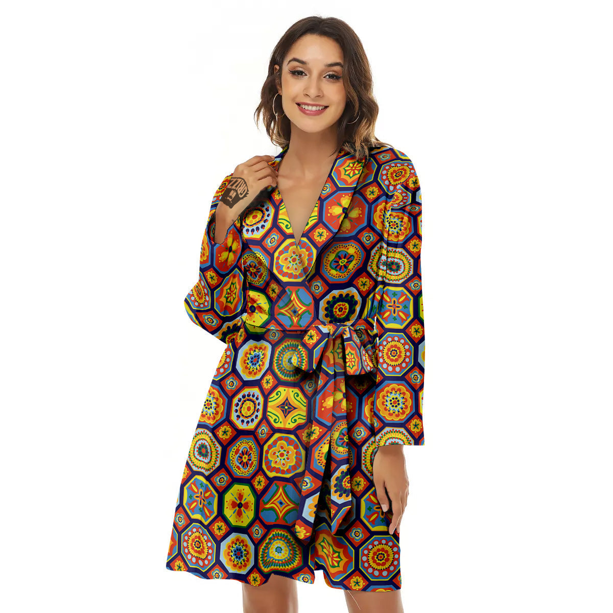 Patchwork Abstract Floral Colorful Print Pattern Women's Robe-grizzshop