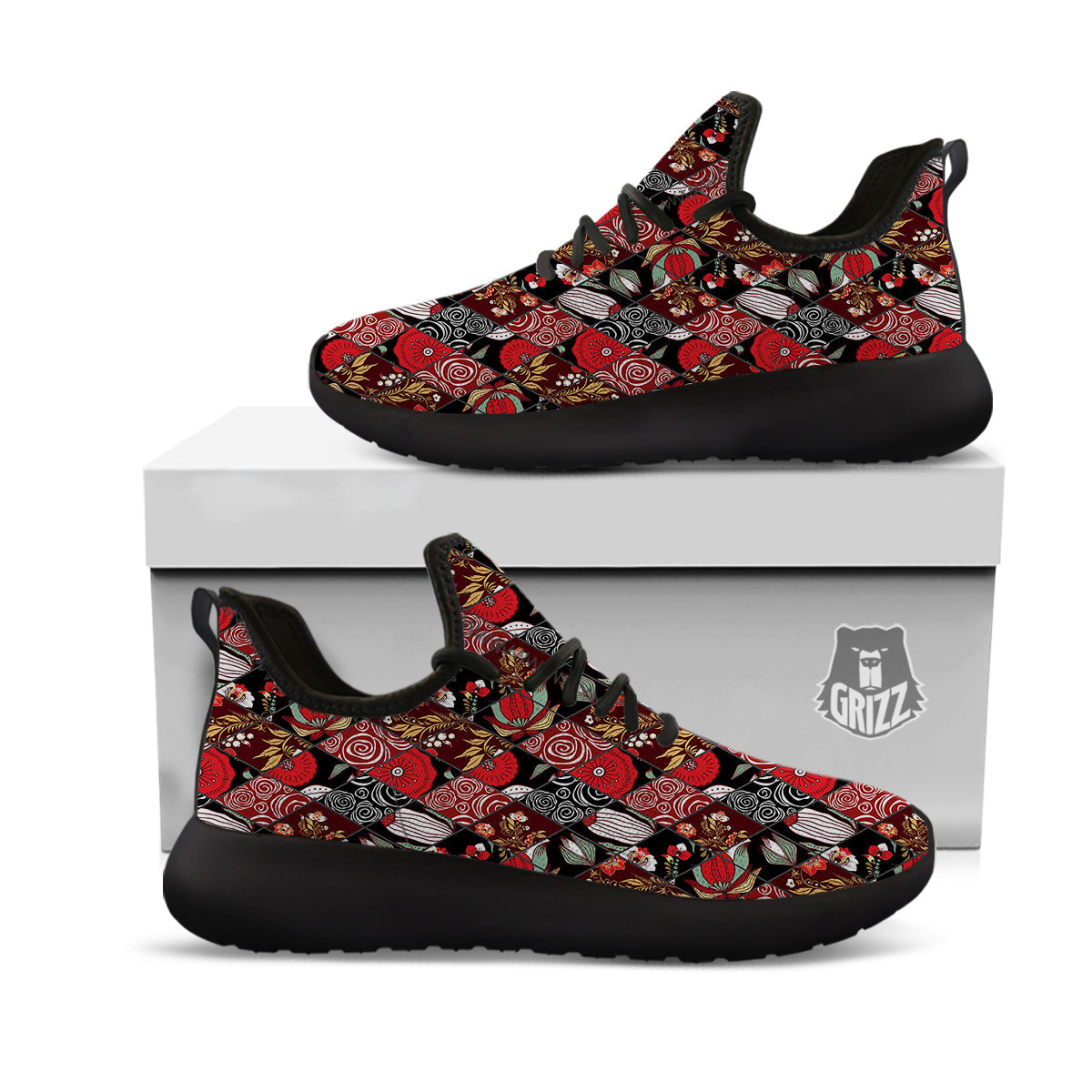 Patchwork Abstract Flower Print Pattern Black Athletic Shoes-grizzshop