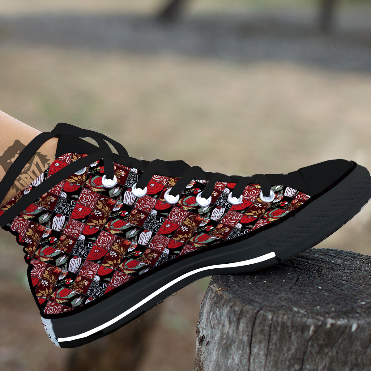Patchwork Abstract Flower Print Pattern Black High Top Shoes-grizzshop