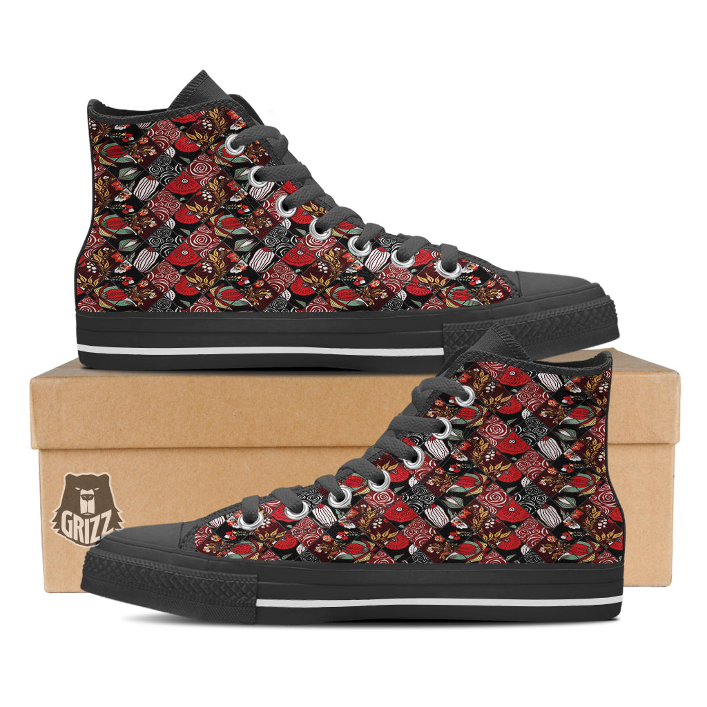 Patchwork Abstract Flower Print Pattern Black High Top Shoes-grizzshop