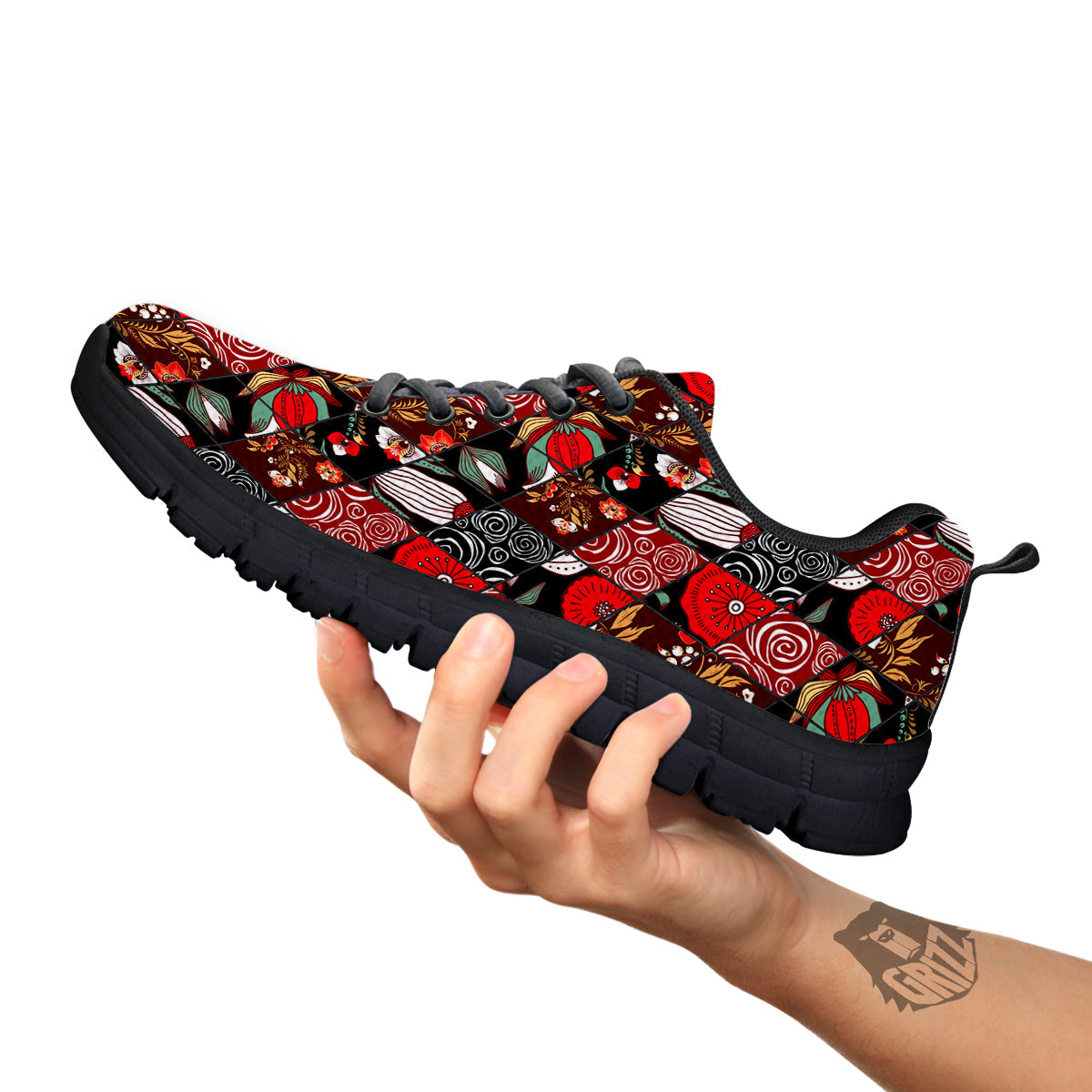 Patchwork Abstract Flower Print Pattern Black Sneaker-grizzshop