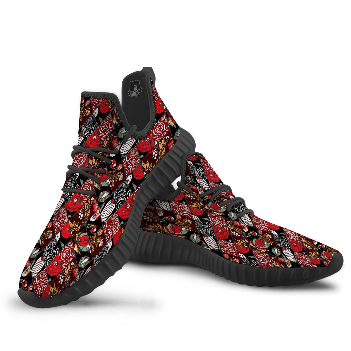 Patchwork Abstract Flower Print Pattern Black Walking Shoes-grizzshop