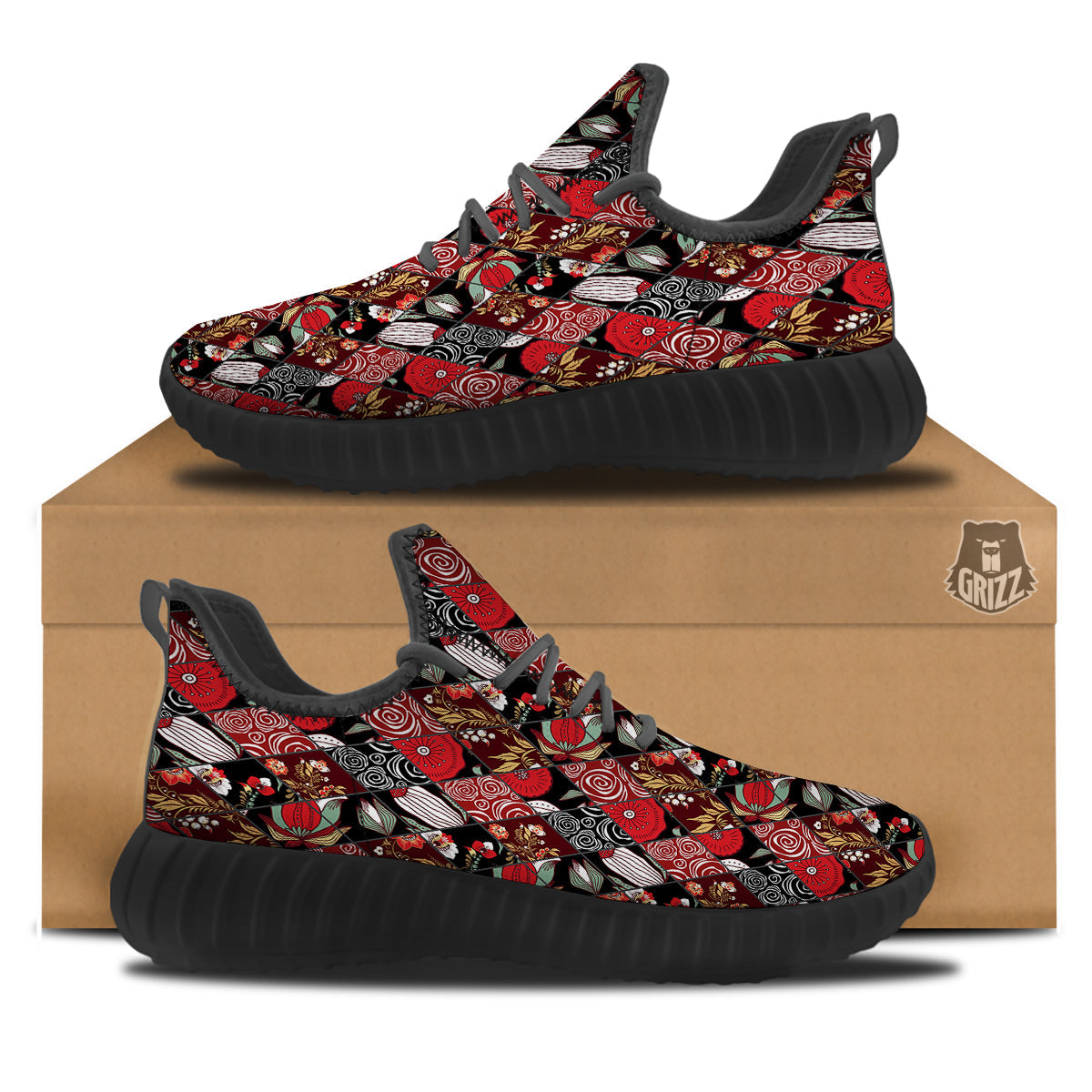 Patchwork Abstract Flower Print Pattern Black Walking Shoes-grizzshop