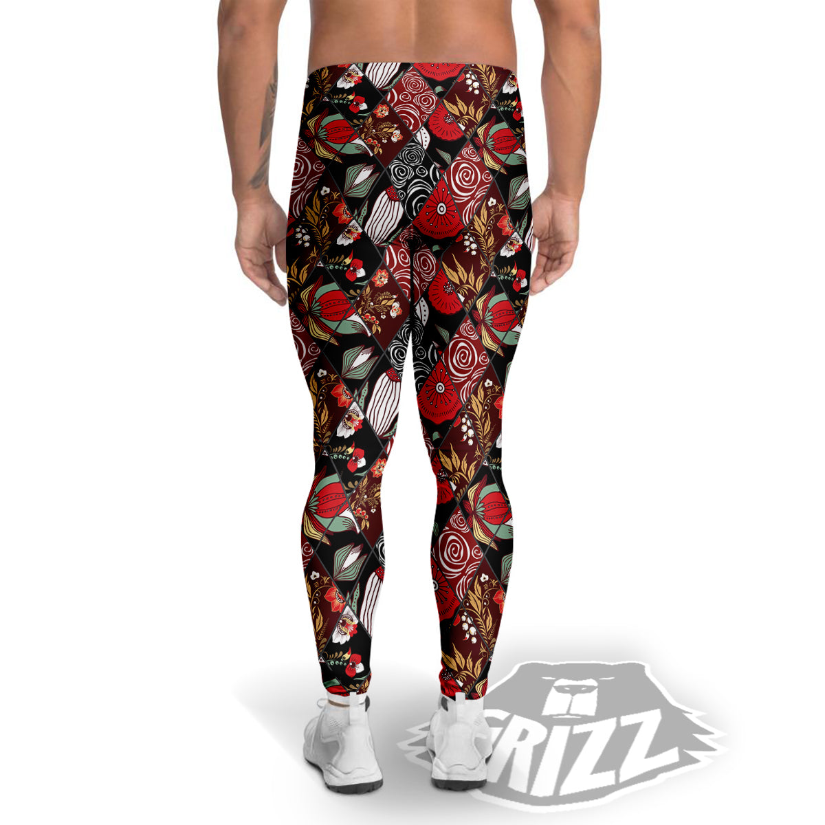 Patchwork Abstract Flower Print Pattern Men's Leggings-grizzshop