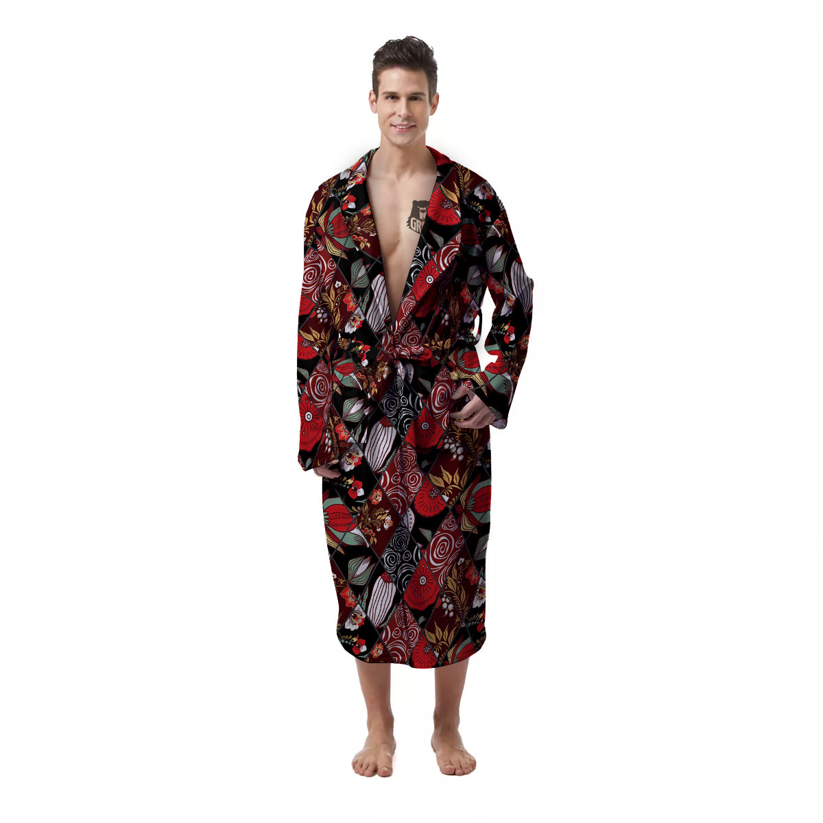 Patchwork Abstract Flower Print Pattern Men's Robe-grizzshop