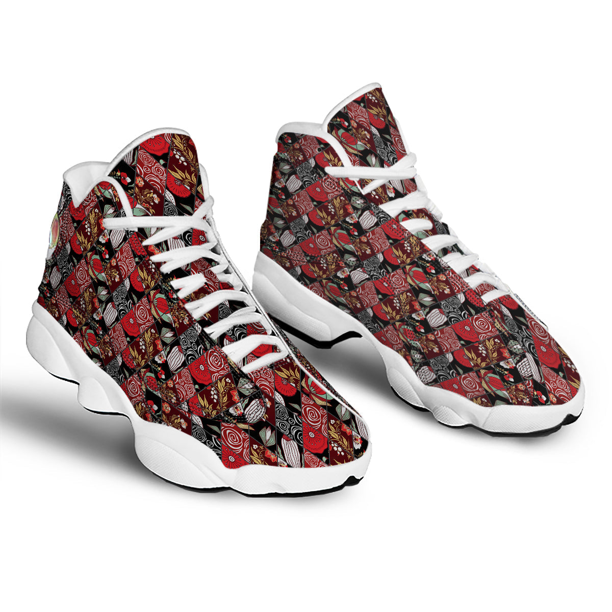 Patchwork Abstract Flower Print Pattern White Basketball Shoes-grizzshop
