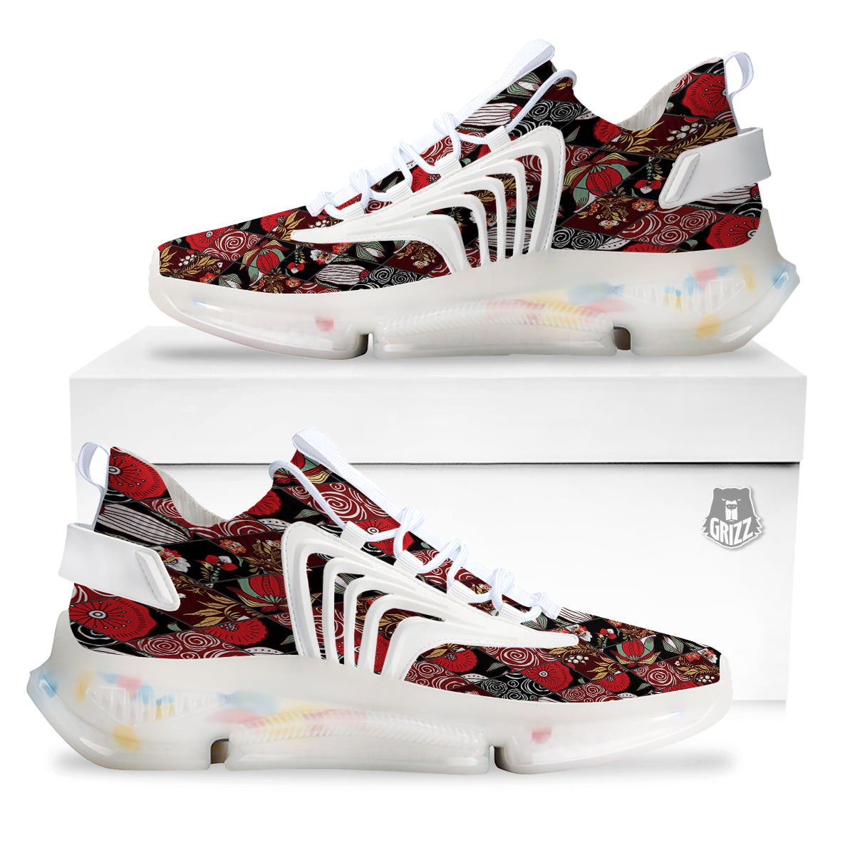 Patchwork Abstract Flower Print Pattern White Gym Shoes-grizzshop