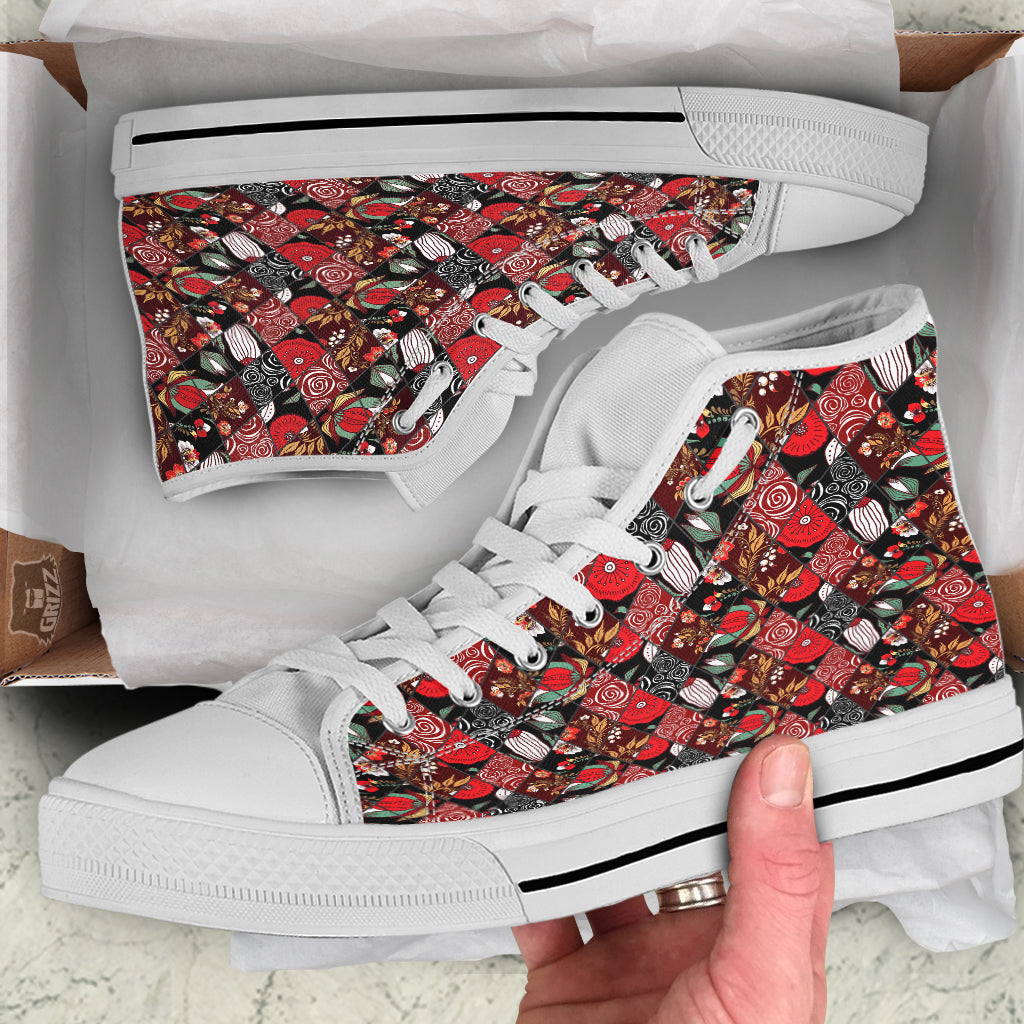 Patchwork Abstract Flower Print Pattern White High Top Shoes-grizzshop