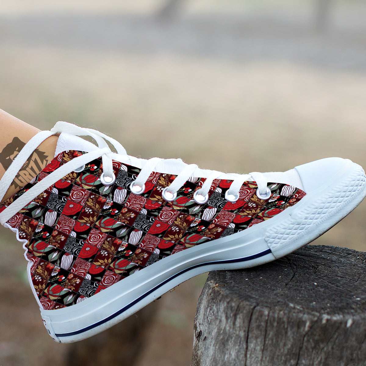 Patchwork Abstract Flower Print Pattern White High Top Shoes-grizzshop