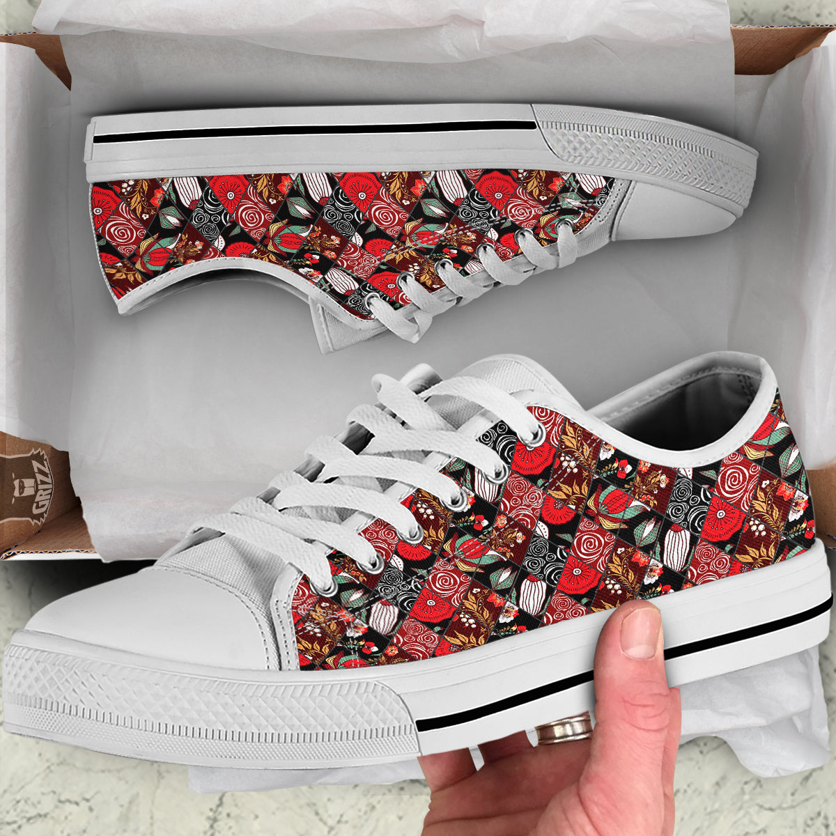 Patchwork Abstract Flower Print Pattern White Low Top Shoes-grizzshop