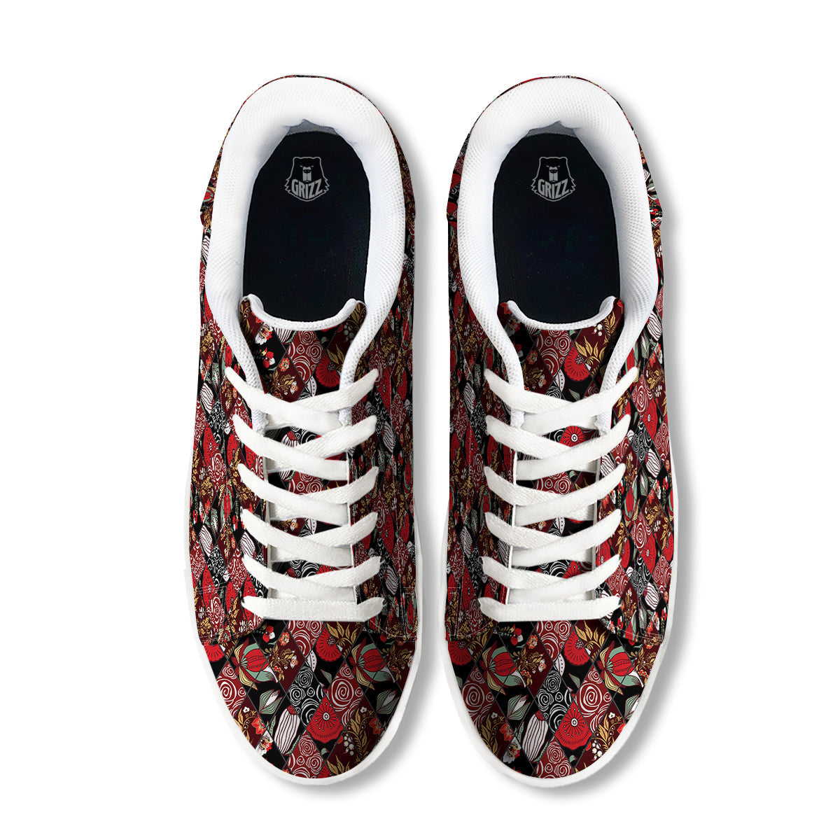 Patchwork Abstract Flower Print Pattern White Low Top Sneakers-grizzshop