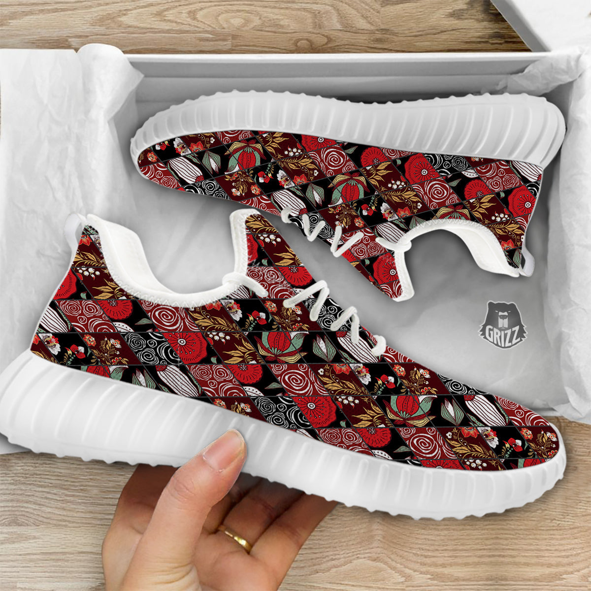 Patchwork Abstract Flower Print Pattern White Walking Shoes-grizzshop