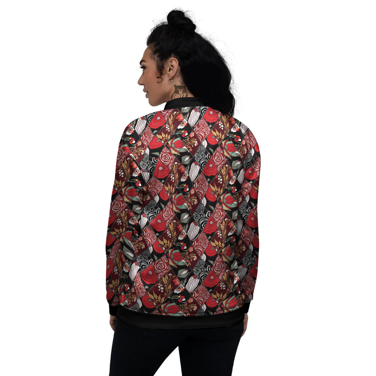 Patchwork Abstract Flower Print Pattern Women's Bomber Jacket-grizzshop