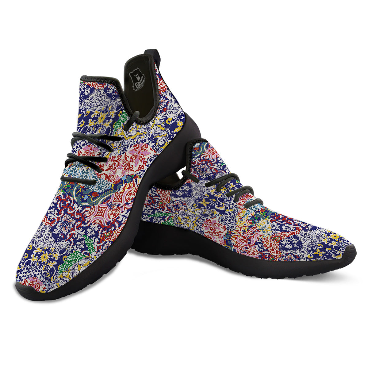 Patchwork Azulejos Tiles Print Pattern Black Athletic Shoes-grizzshop