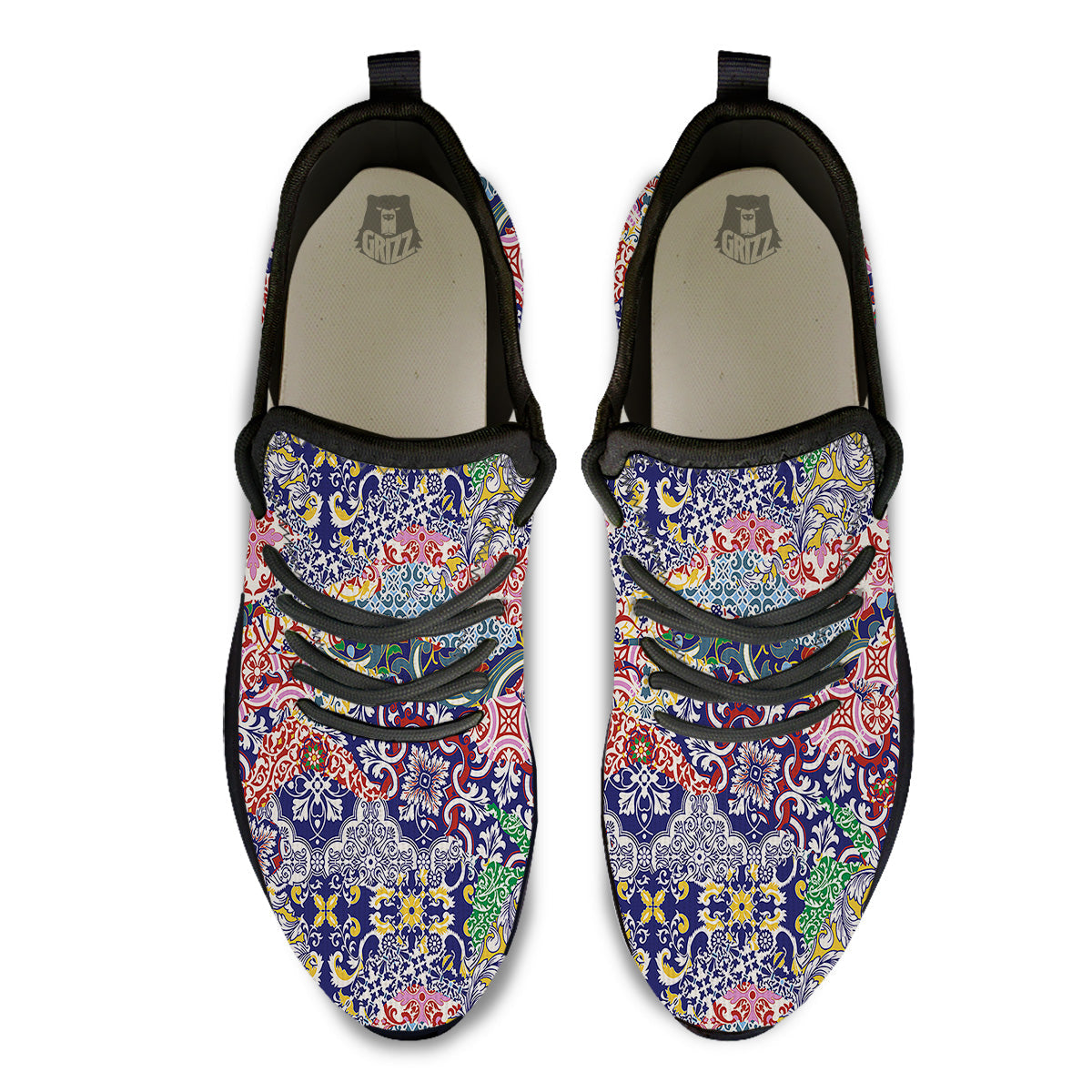 Patchwork Azulejos Tiles Print Pattern Black Athletic Shoes-grizzshop
