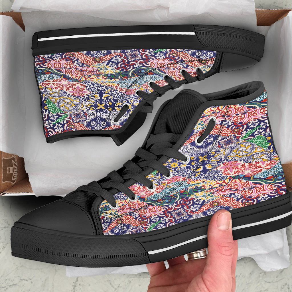 Patchwork Azulejos Tiles Print Pattern Black High Top Shoes-grizzshop