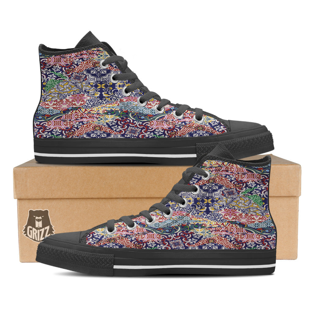 Patchwork Azulejos Tiles Print Pattern Black High Top Shoes-grizzshop