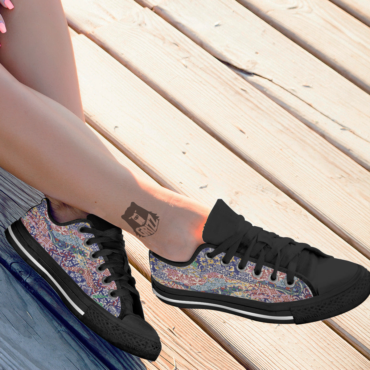 Patchwork Azulejos Tiles Print Pattern Black Low Top Shoes-grizzshop
