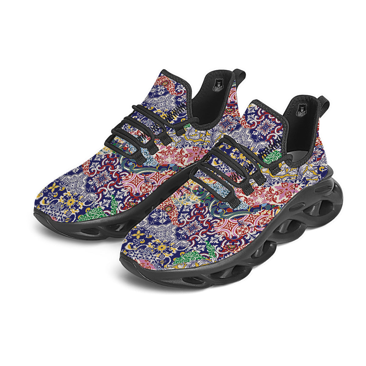 Patchwork Azulejos Tiles Print Pattern Black Running Shoes-grizzshop