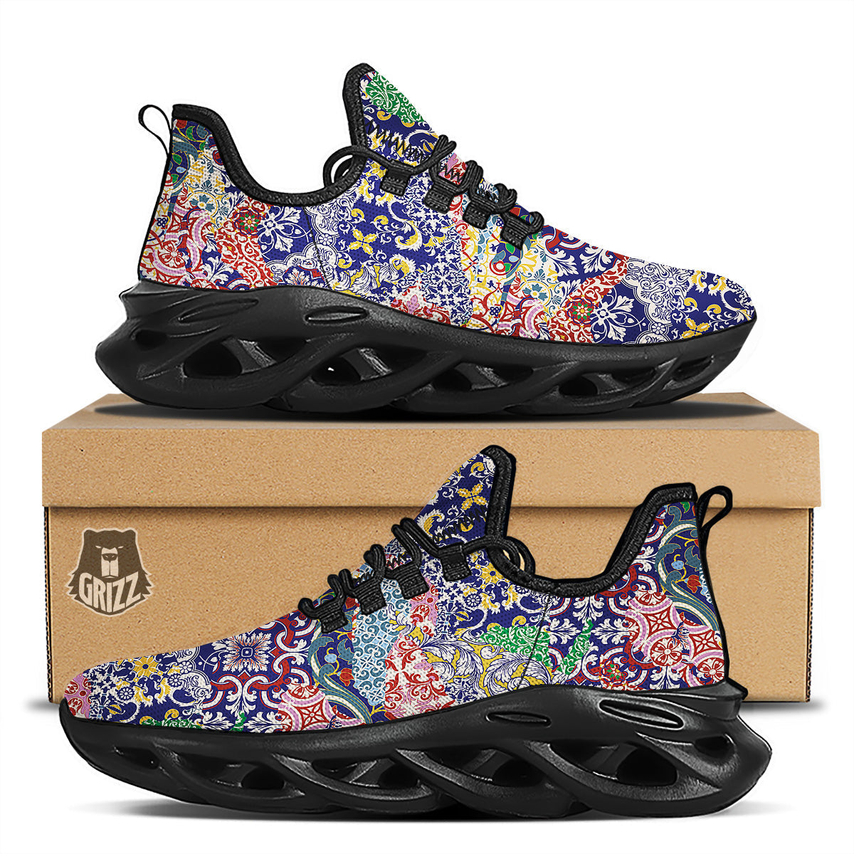 Patchwork Azulejos Tiles Print Pattern Black Running Shoes-grizzshop