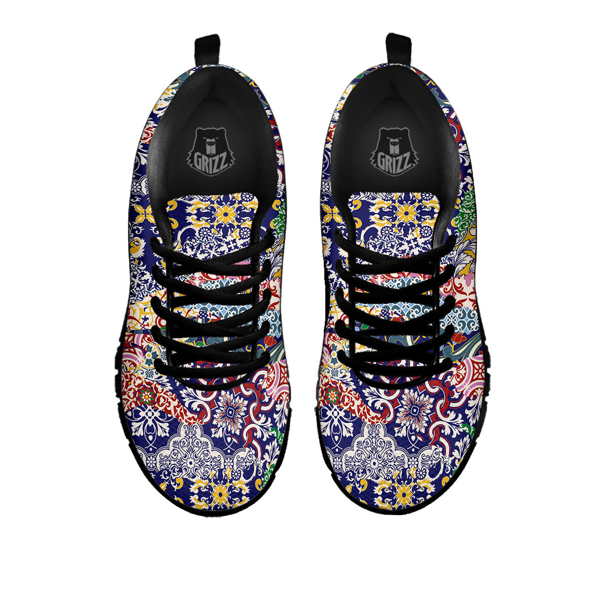 Patchwork Azulejos Tiles Print Pattern Black Sneaker-grizzshop