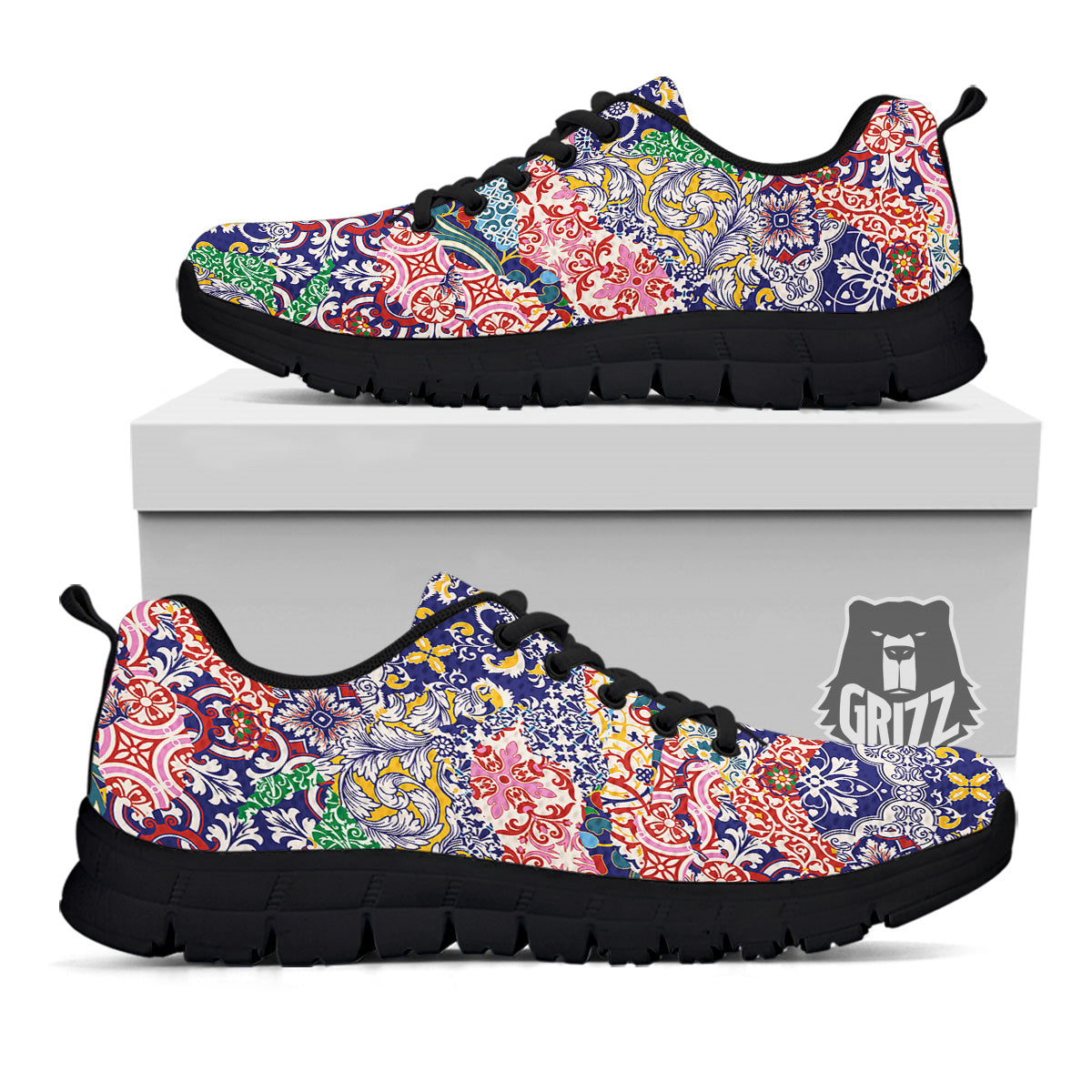 Patchwork Azulejos Tiles Print Pattern Black Sneaker-grizzshop