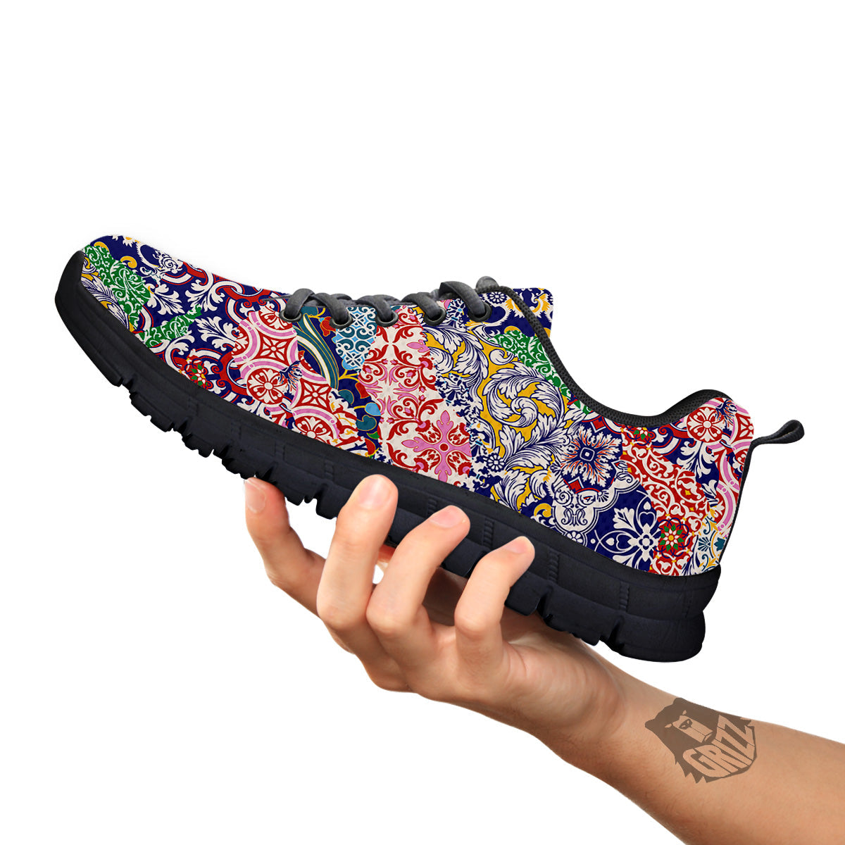 Patchwork Azulejos Tiles Print Pattern Black Sneaker-grizzshop