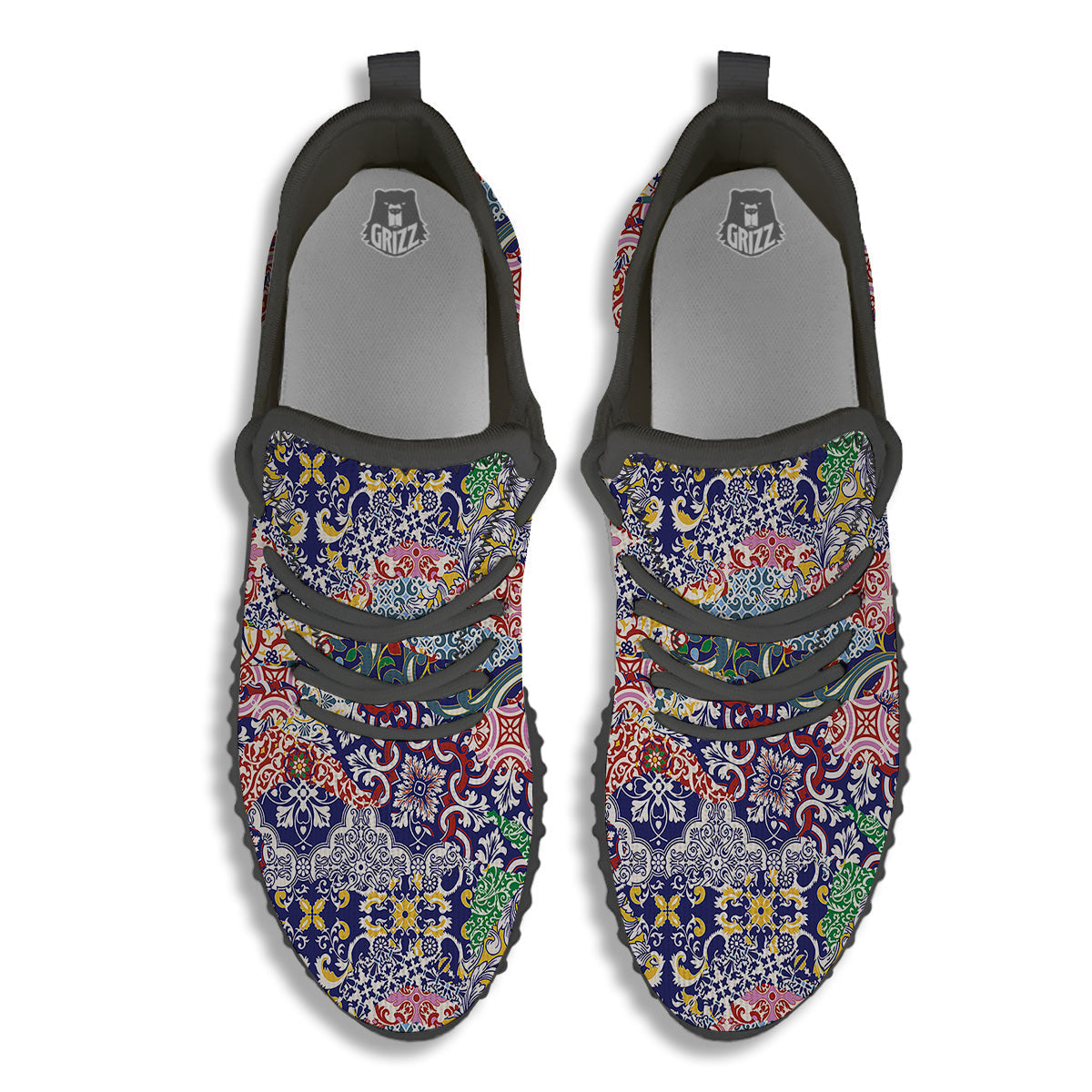 Patchwork Azulejos Tiles Print Pattern Black Walking Shoes-grizzshop