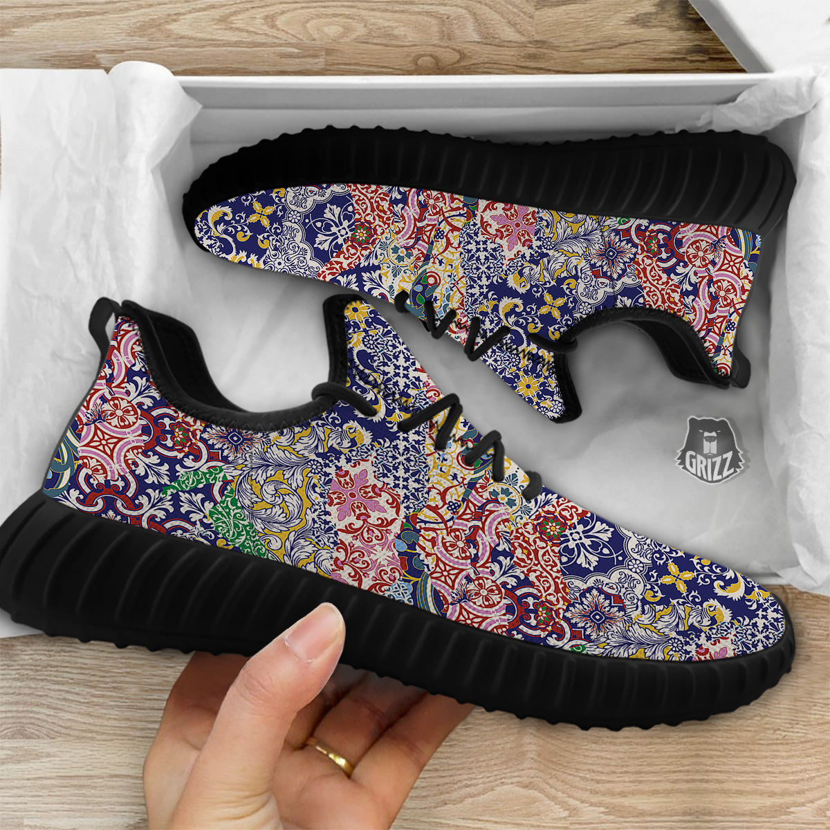 Patchwork Azulejos Tiles Print Pattern Black Walking Shoes-grizzshop