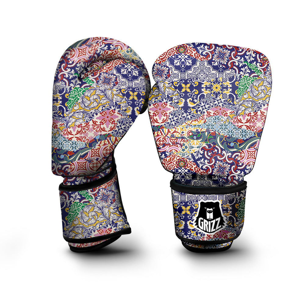 Patchwork Azulejos Tiles Print Pattern Boxing Gloves-grizzshop