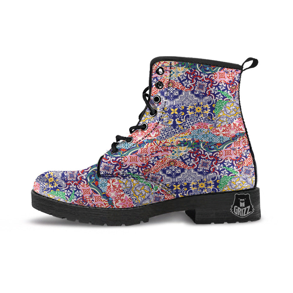 Patchwork Azulejos Tiles Print Pattern Leather Boots-grizzshop