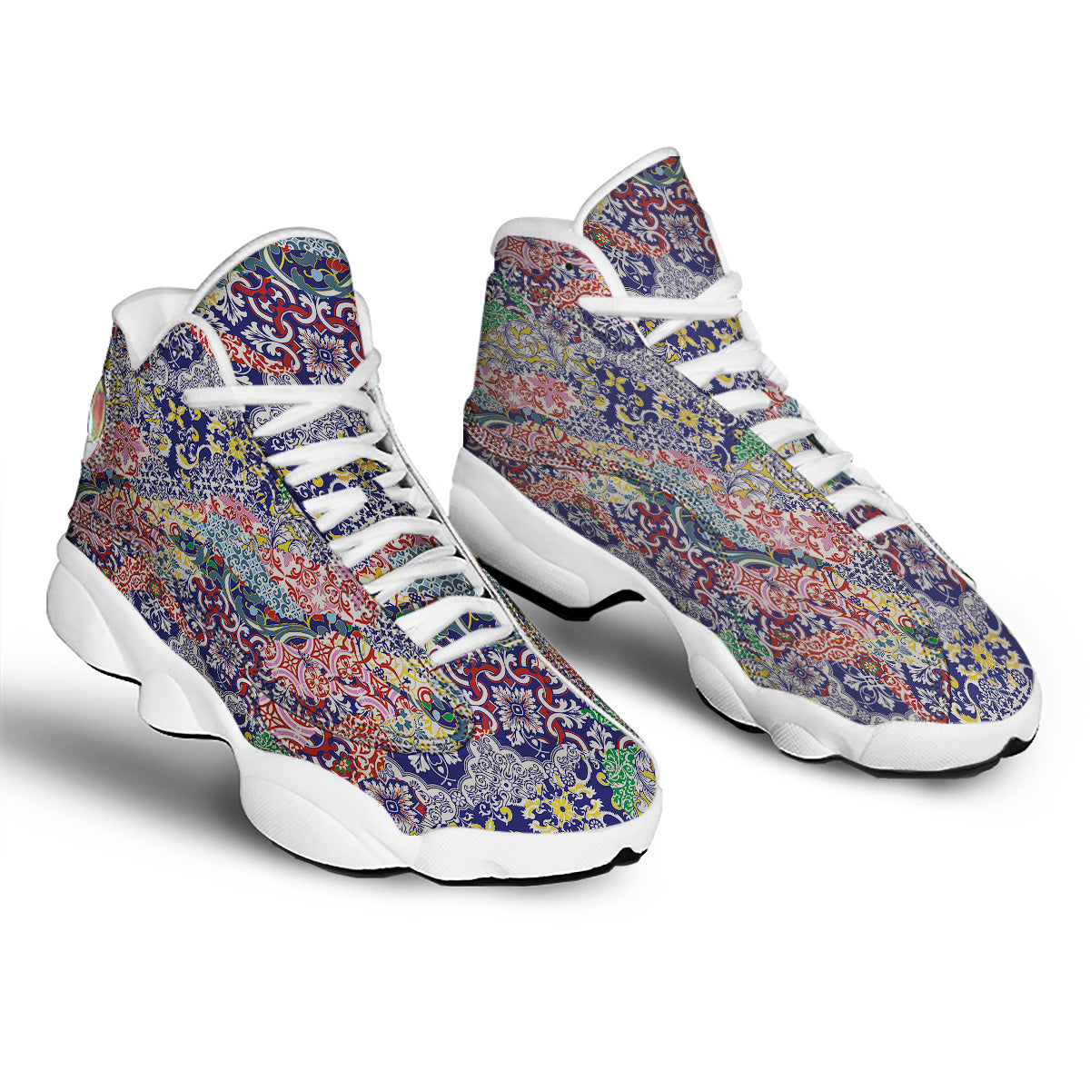 Patchwork Azulejos Tiles Print Pattern White Basketball Shoes-grizzshop