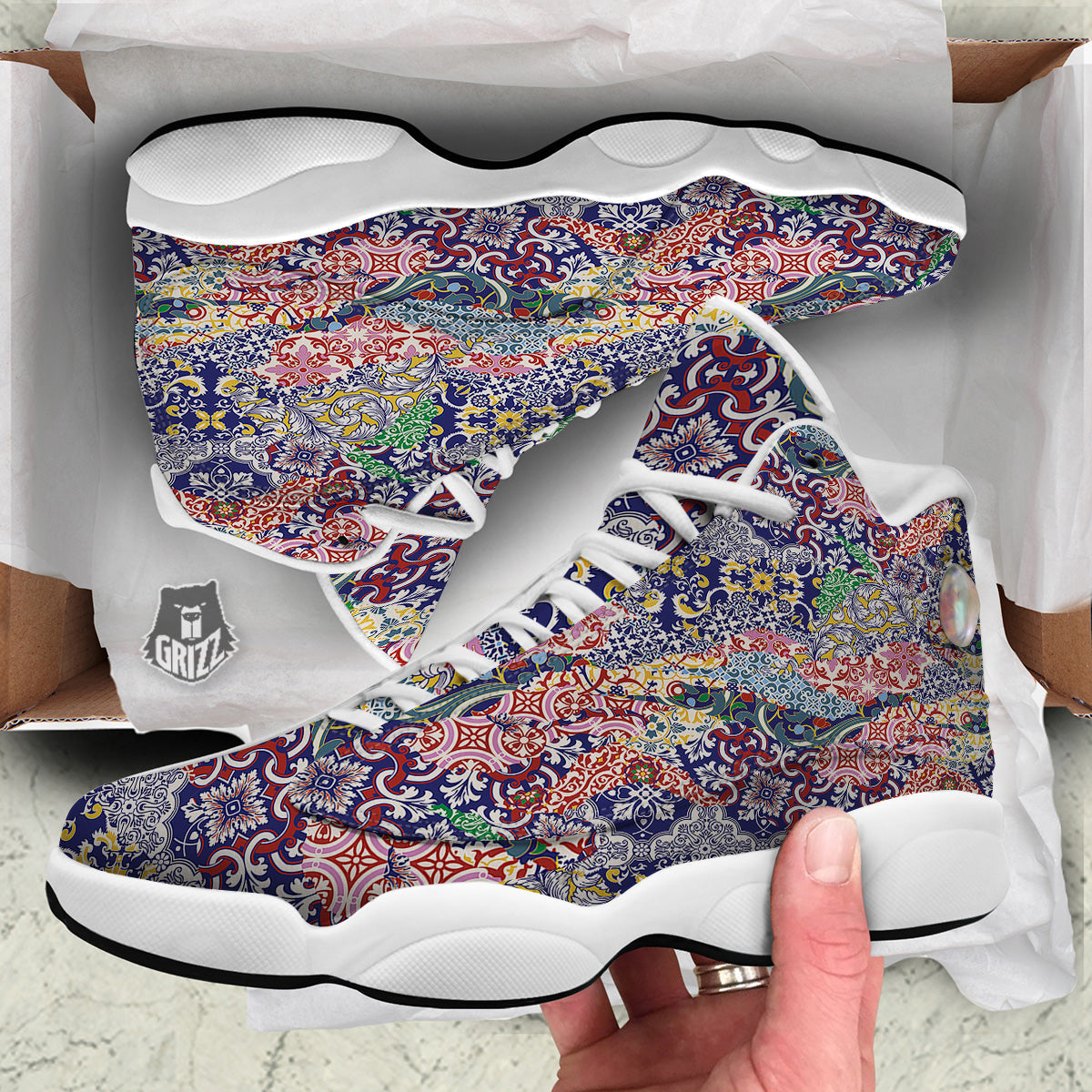 Patchwork Azulejos Tiles Print Pattern White Basketball Shoes-grizzshop
