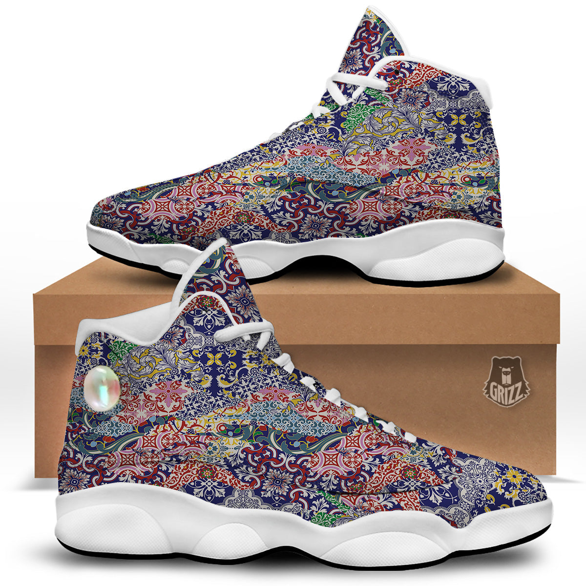 Patchwork Azulejos Tiles Print Pattern White Basketball Shoes-grizzshop