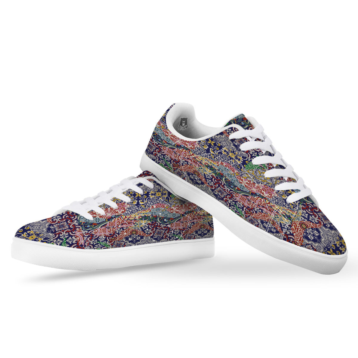 Patchwork Azulejos Tiles Print Pattern White Low Top Sneakers-grizzshop