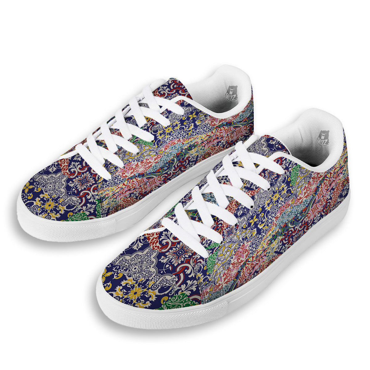 Patchwork Azulejos Tiles Print Pattern White Low Top Sneakers-grizzshop