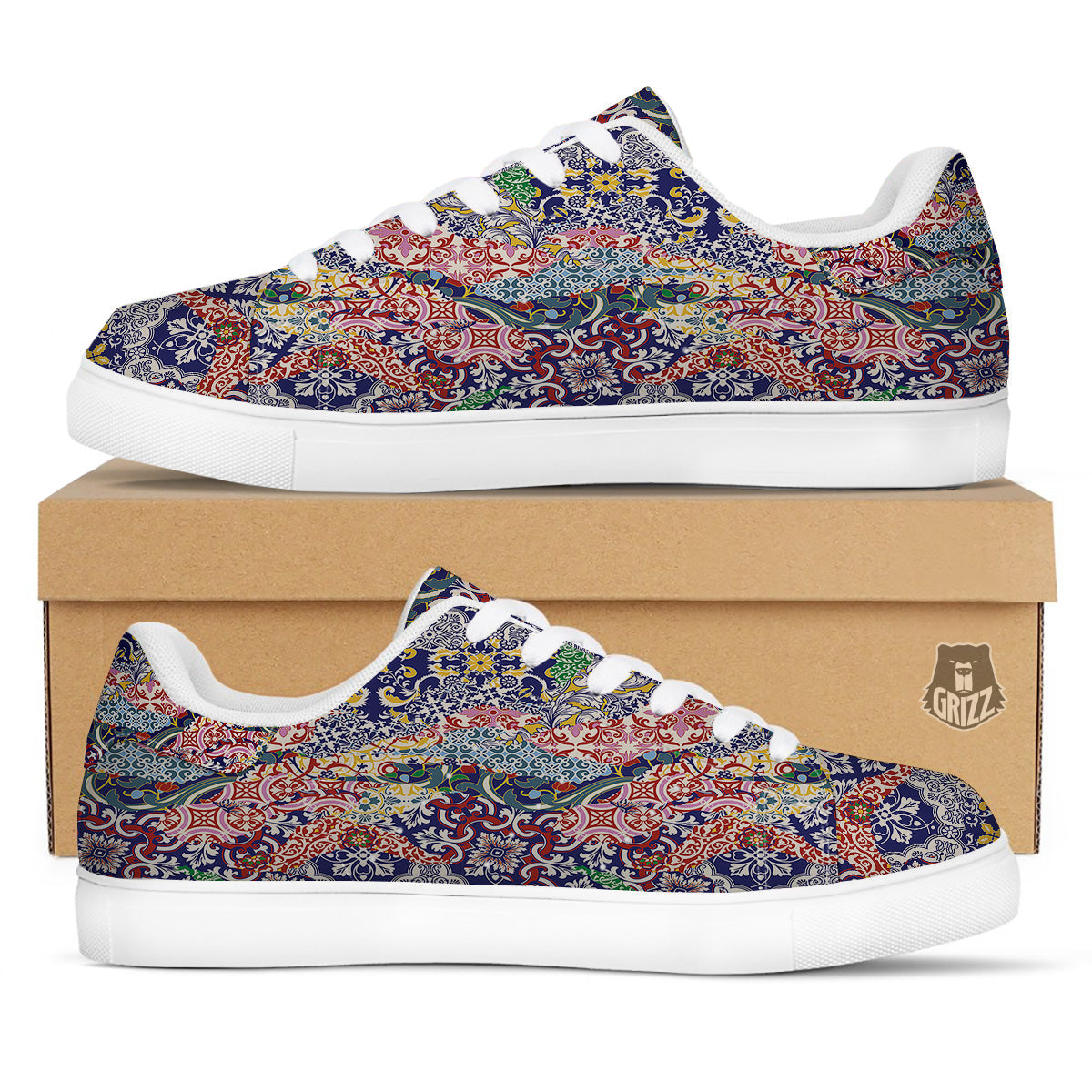 Patchwork Azulejos Tiles Print Pattern White Low Top Sneakers-grizzshop