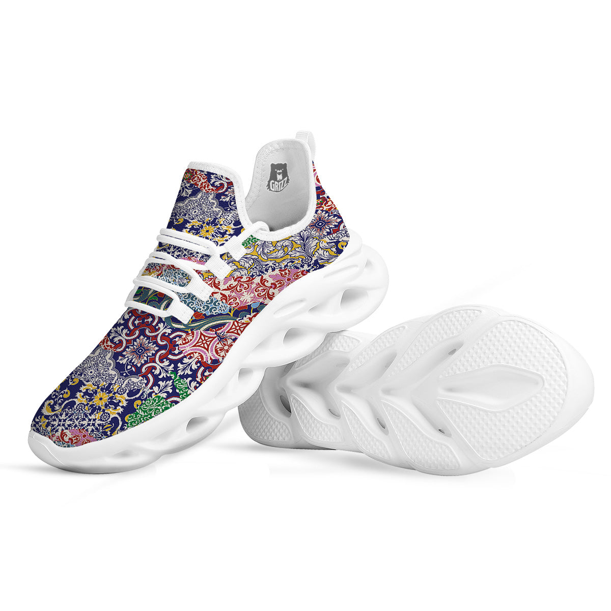 Patchwork Azulejos Tiles Print Pattern White Running Shoes-grizzshop