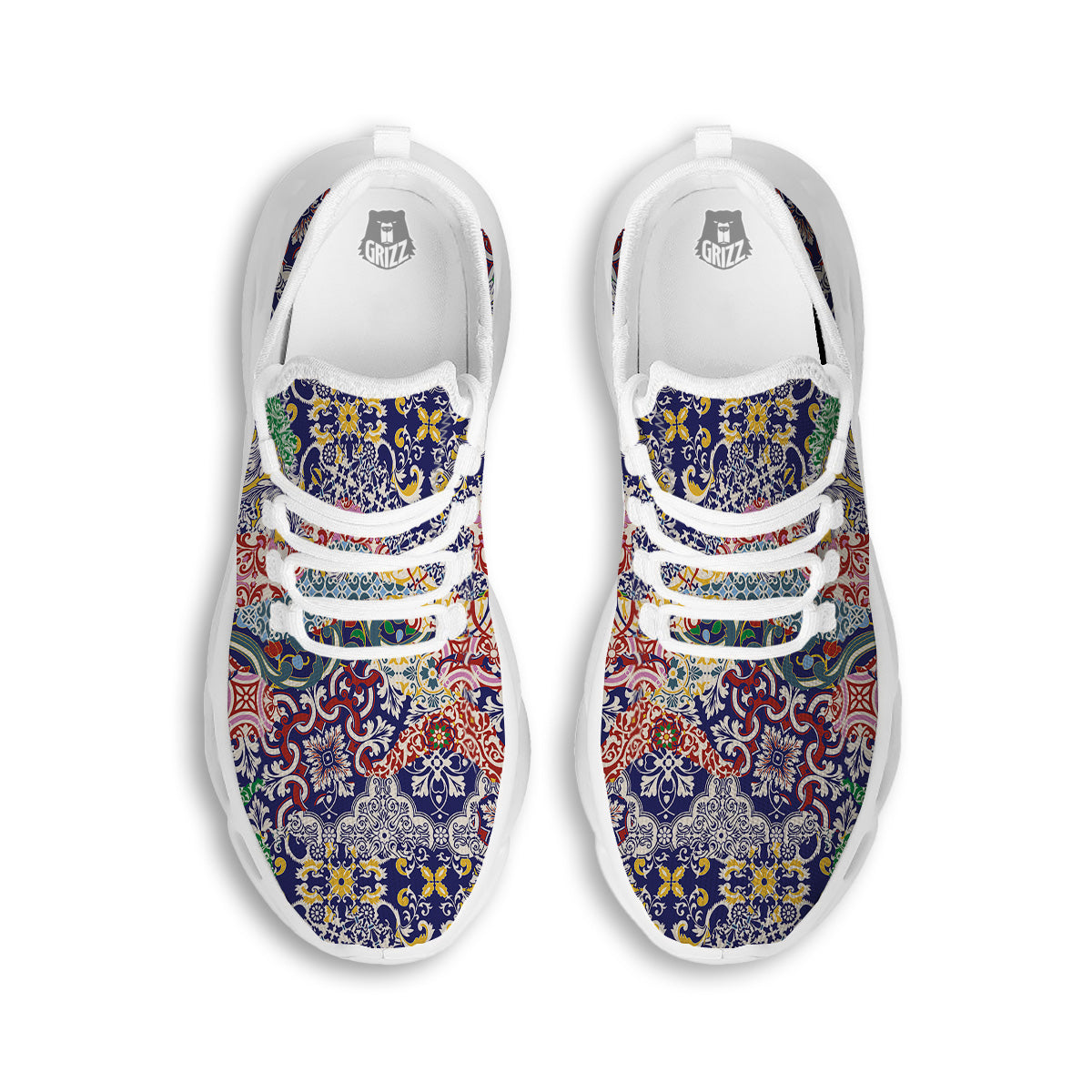 Patchwork Azulejos Tiles Print Pattern White Running Shoes-grizzshop