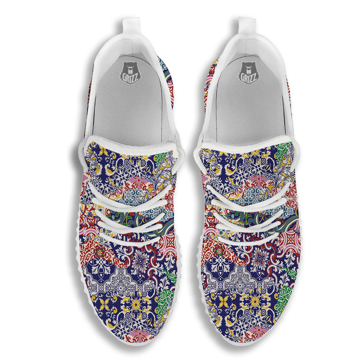 Patchwork Azulejos Tiles Print Pattern White Walking Shoes-grizzshop