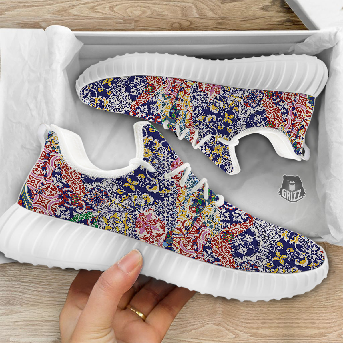 Patchwork Azulejos Tiles Print Pattern White Walking Shoes-grizzshop