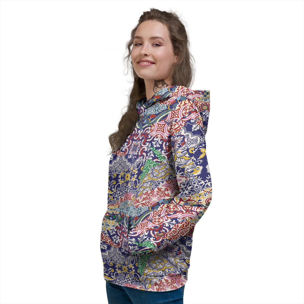 Patchwork Azulejos Tiles Print Pattern Women's Hoodie-grizzshop